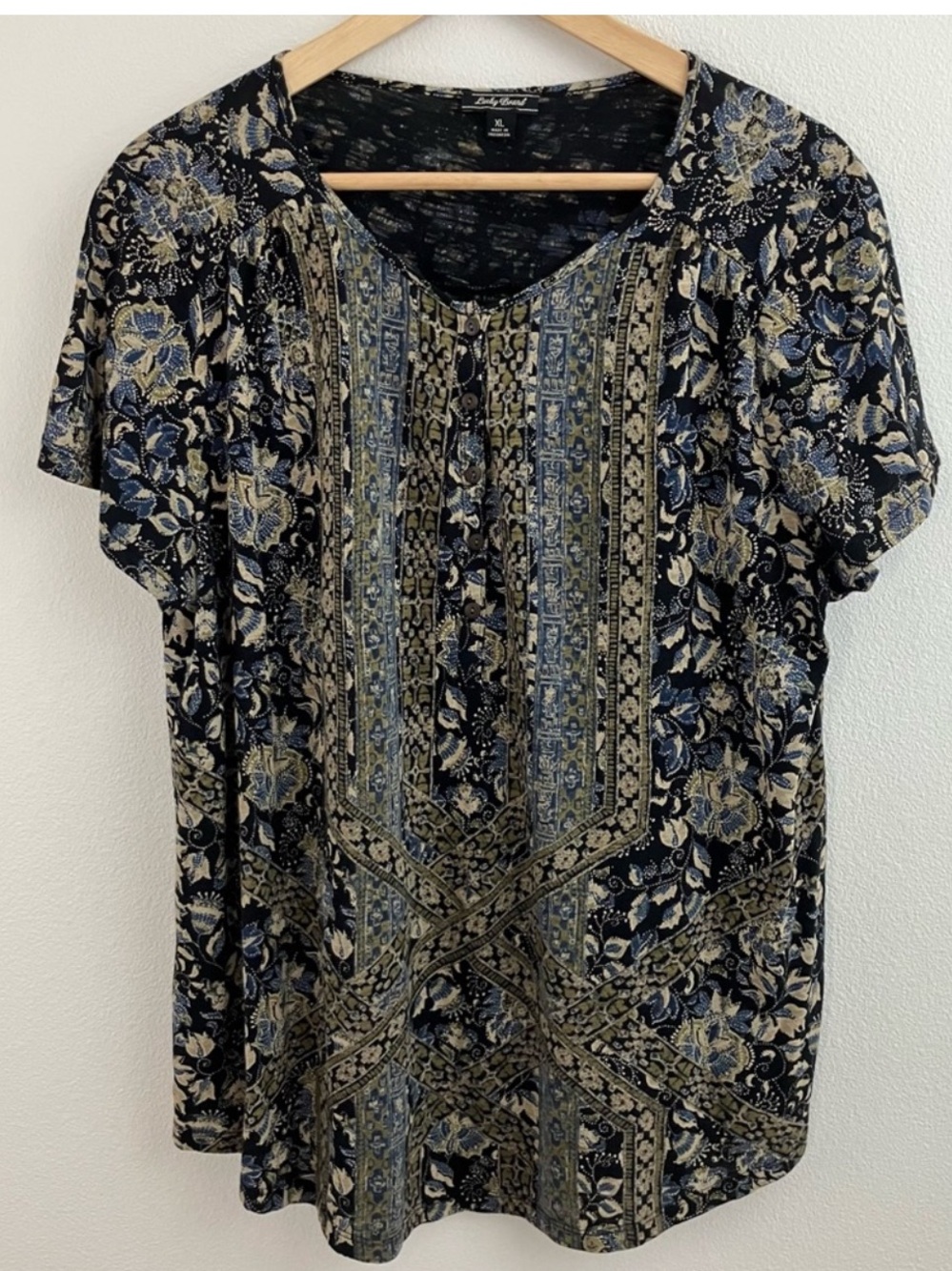 Lucky Brand Navy Blue and Olive Green Patterned Short Sleeve button Top blouse